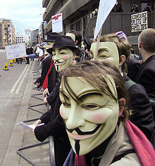 Members of the group Anonymous wearing Guy Fawkes masks at a protest against the Church of Scientology in London, 2008.