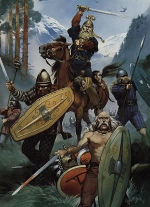 Illustration showing Celtic warriors - the mounted warrior has severed heads hanging from his horses neck. © Angus McBride