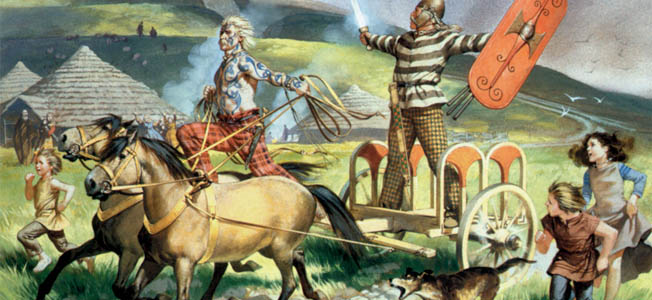 Some typicaly boisterous ancient Celts with some typicaly Celtic round house in the background.